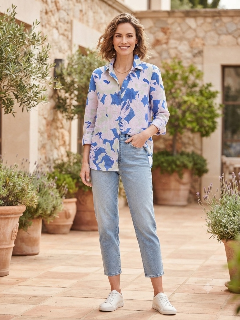 Brax 100% Linen Floral Button-Up Shirt – Size 36 (Extra Small)